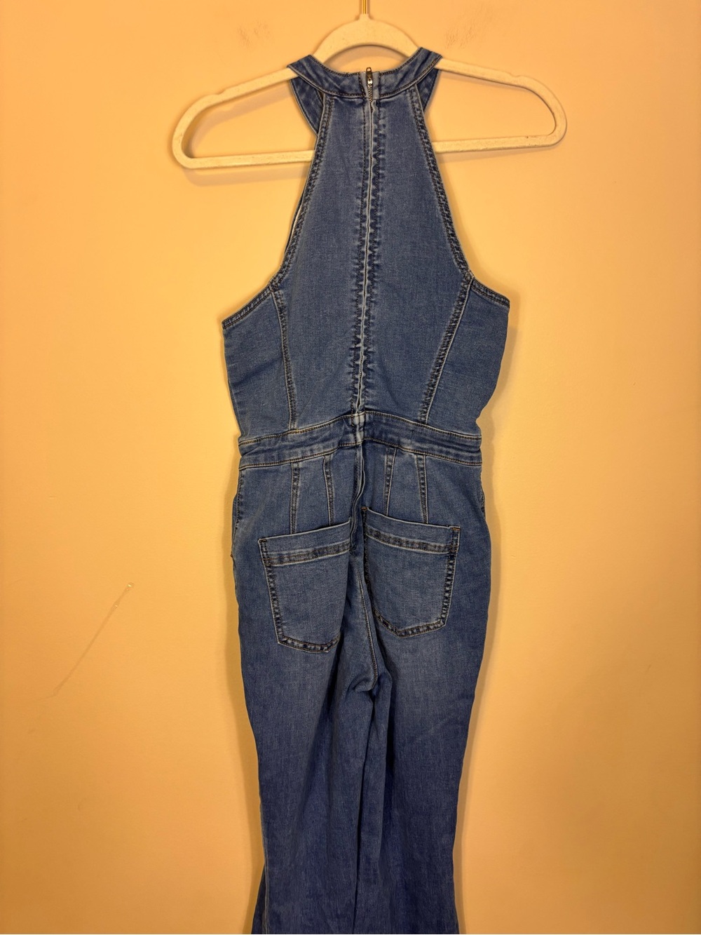 Free People We The Free Blue Denim Halter Flare Jumpsuit 6 Curvy - Picture 6 of 9
